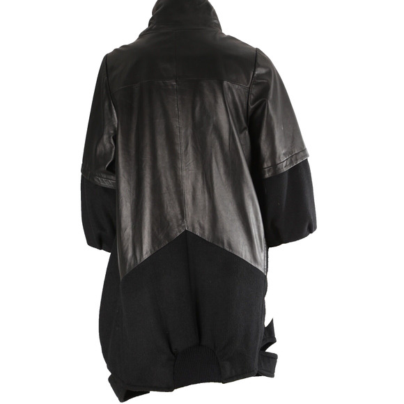 Black Leather Wool Contrasted Button Down Puff Midi Coat Size M - Picture 5 of 7